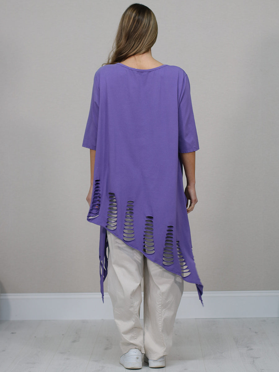 Plain Oversized Shredded Hem Cotton Top