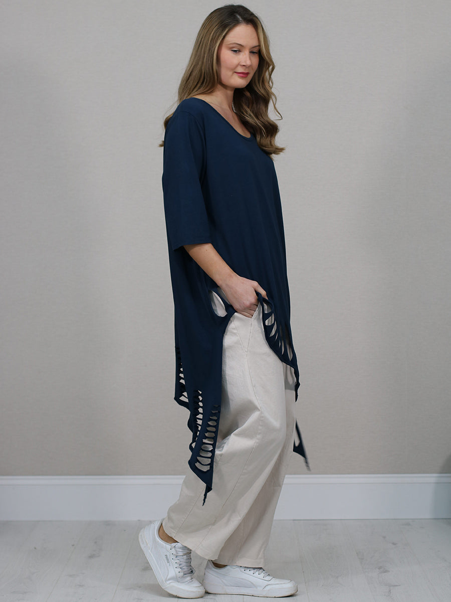 Plain Oversized Shredded Hem Cotton Top