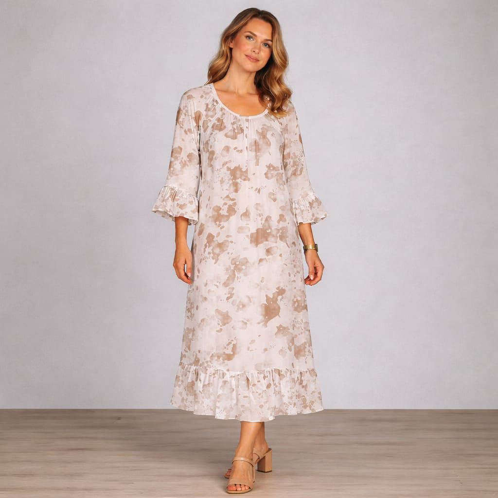 Digital Print Ruffle Maxi Dress Mocha