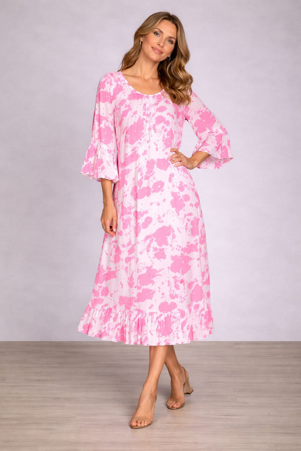 Digital Print Ruffle Maxi Dress Pink