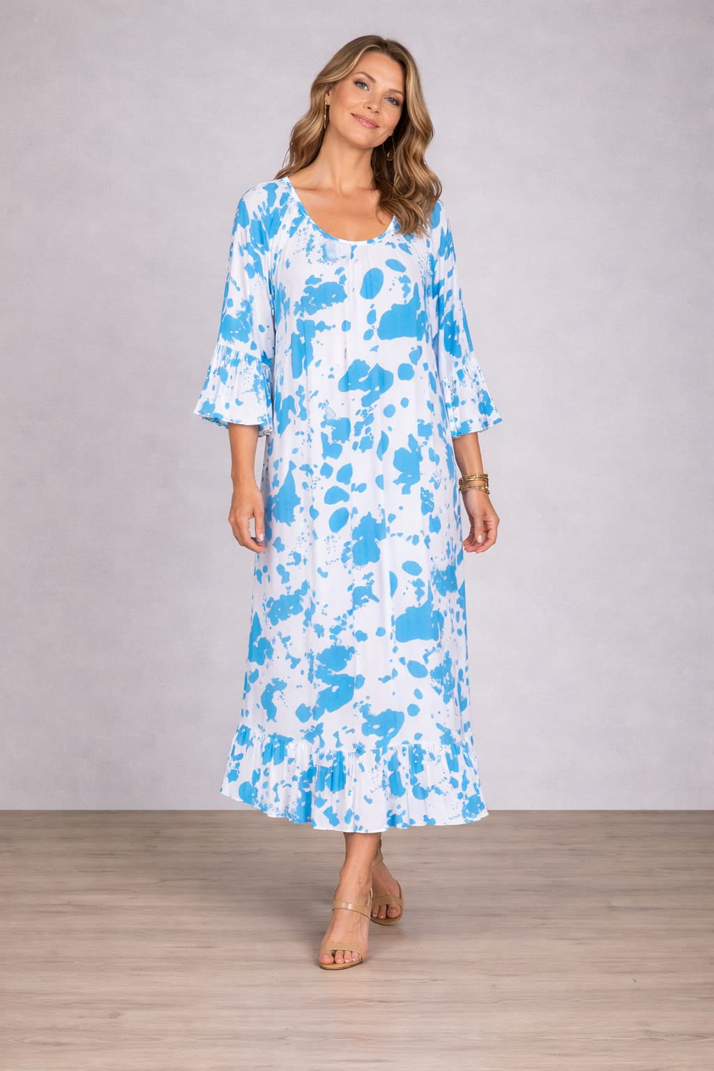 Digital Print Ruffle Maxi Dress Turquoise