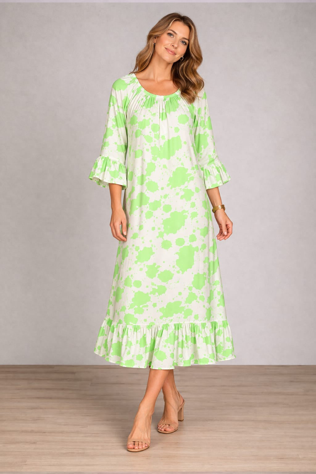 Digital Print Ruffle Maxi Dress Lime Green