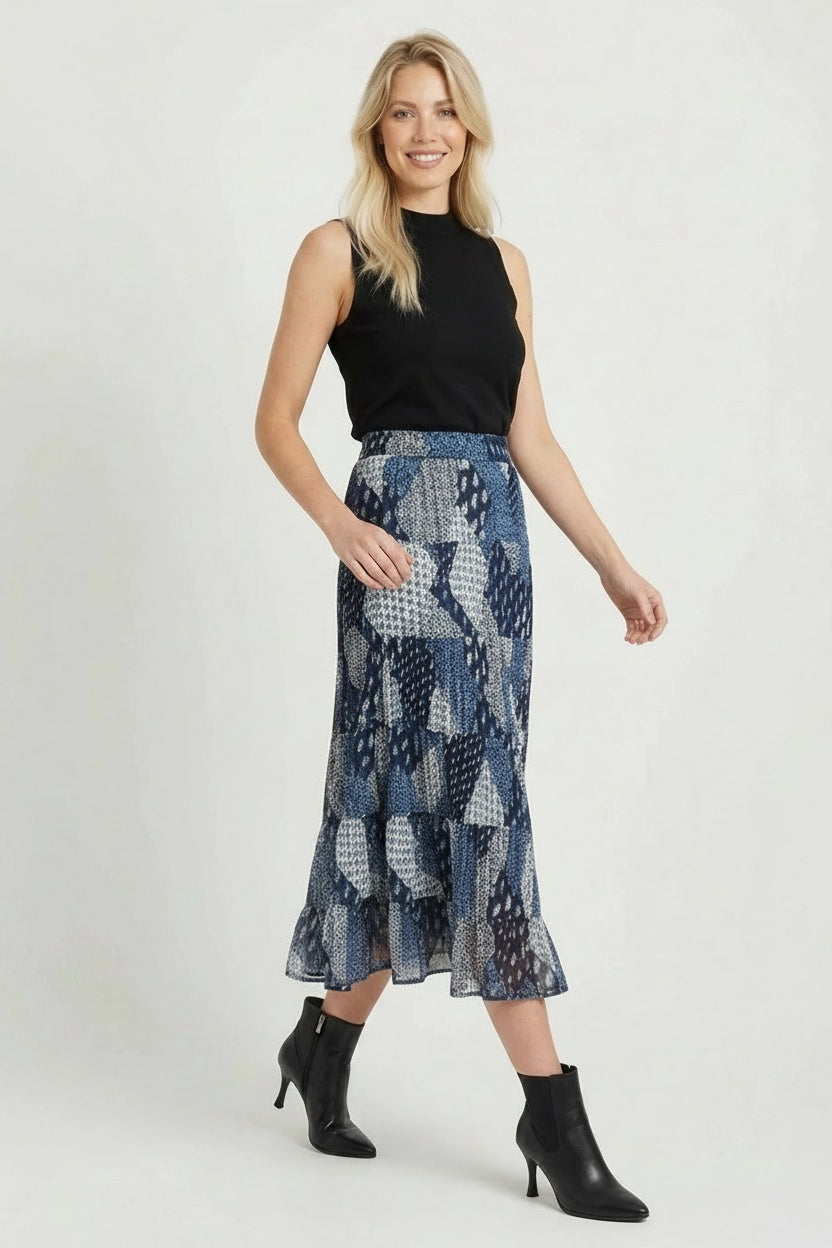 Leaf Print Cotton Tiered Midi Skirt