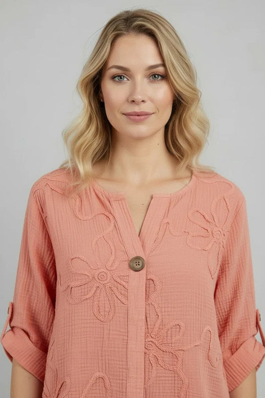 Tabbed Sleeves Floral Applique Cotton Top