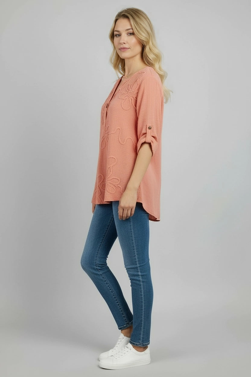 Tabbed Sleeves Floral Applique Cotton Top