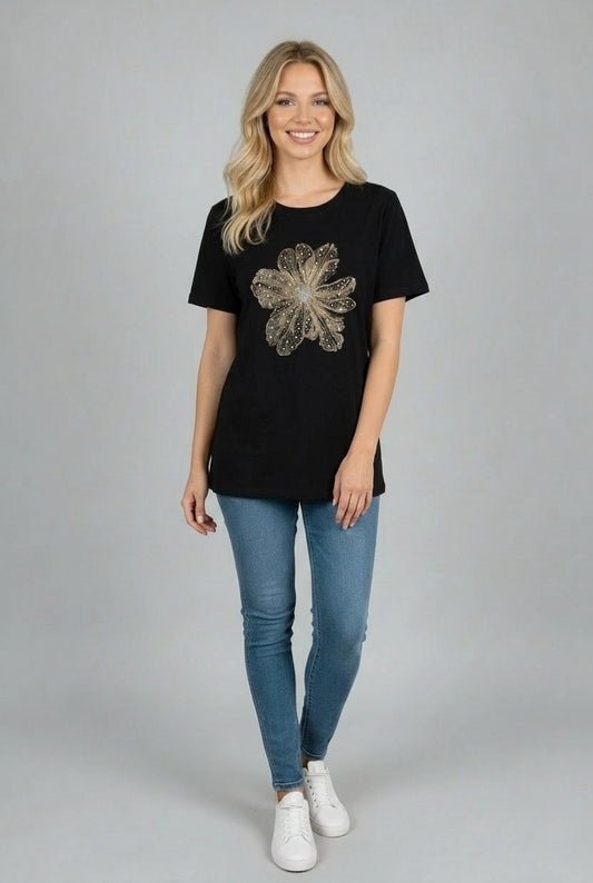 Sequin Flower Baggy T-Shirt Black
