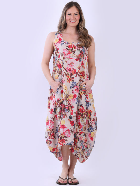 Sleeveless Floral Dress Beige