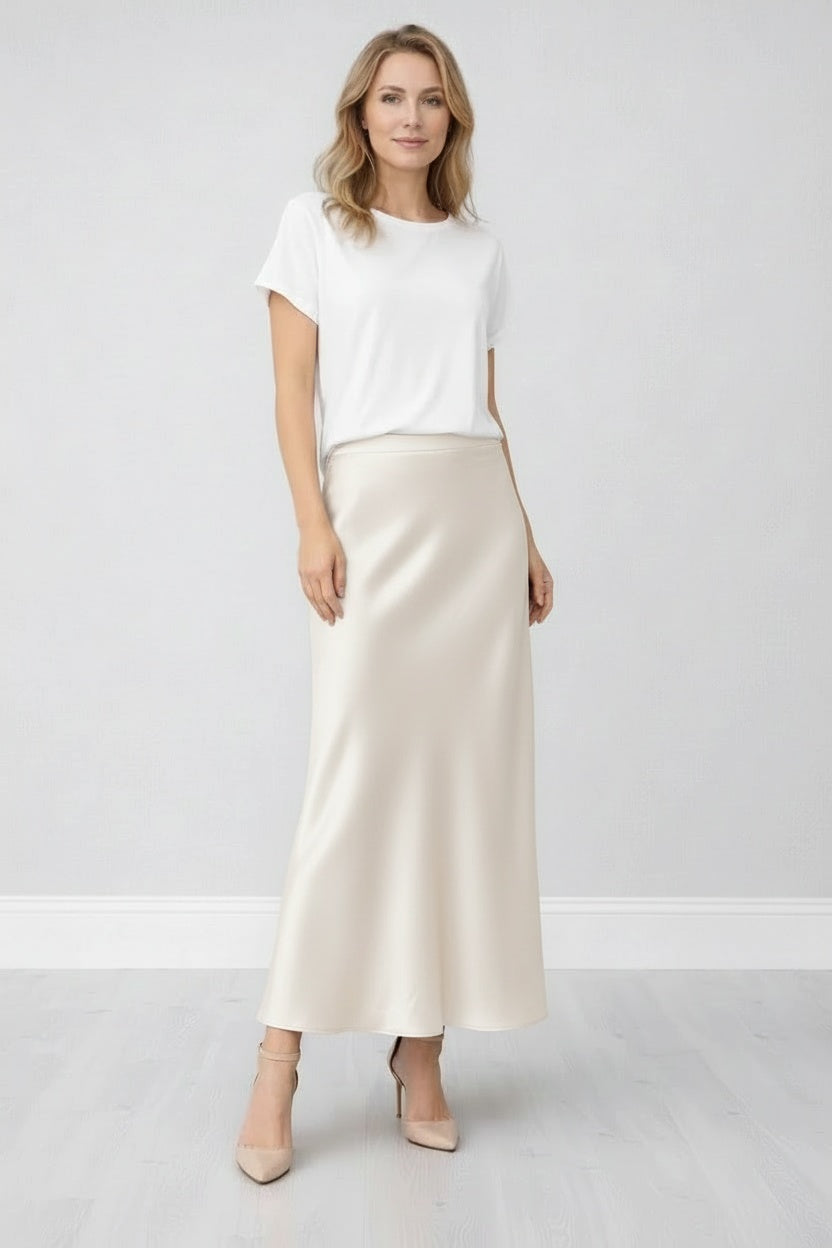 Long Satin Skirt Beige