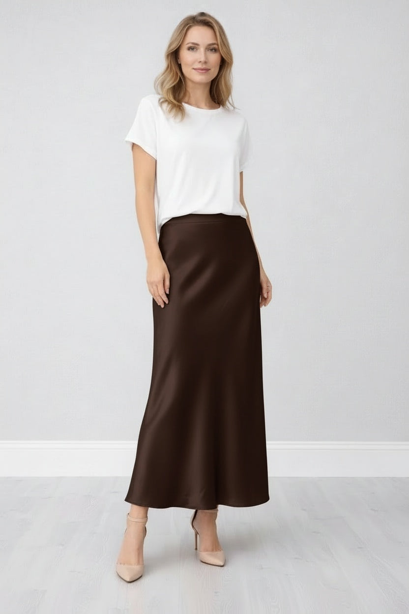 Long Satin Skirt Chocolate