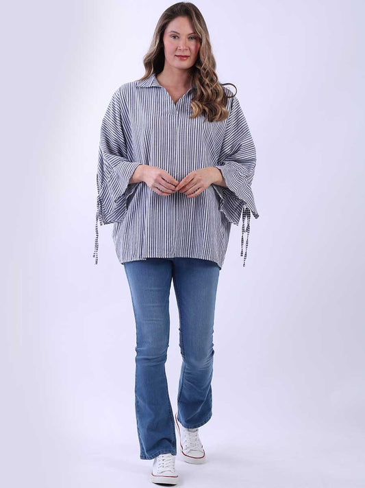 Women Stripy Print Collared Neck Cotton Shirt