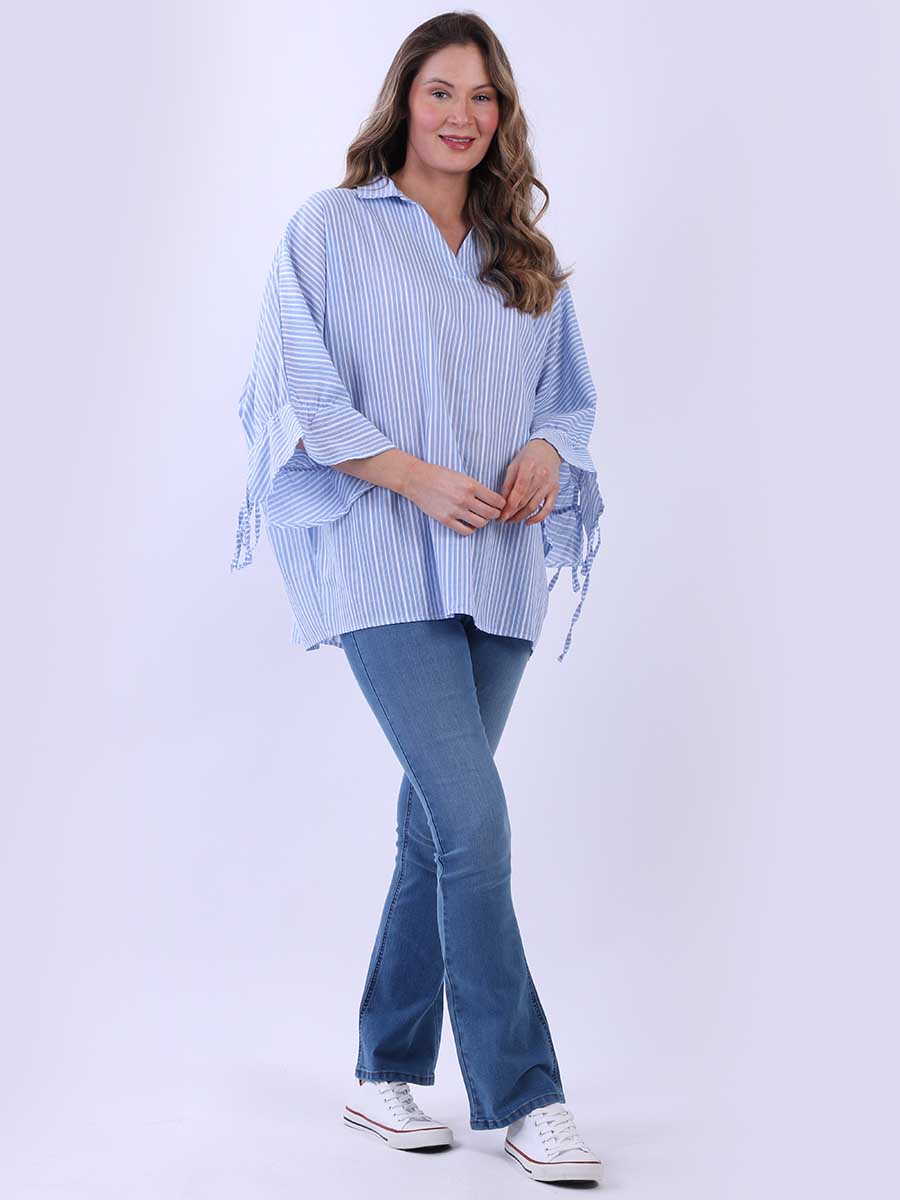 Women Stripy Print Collared Neck Cotton Shirt