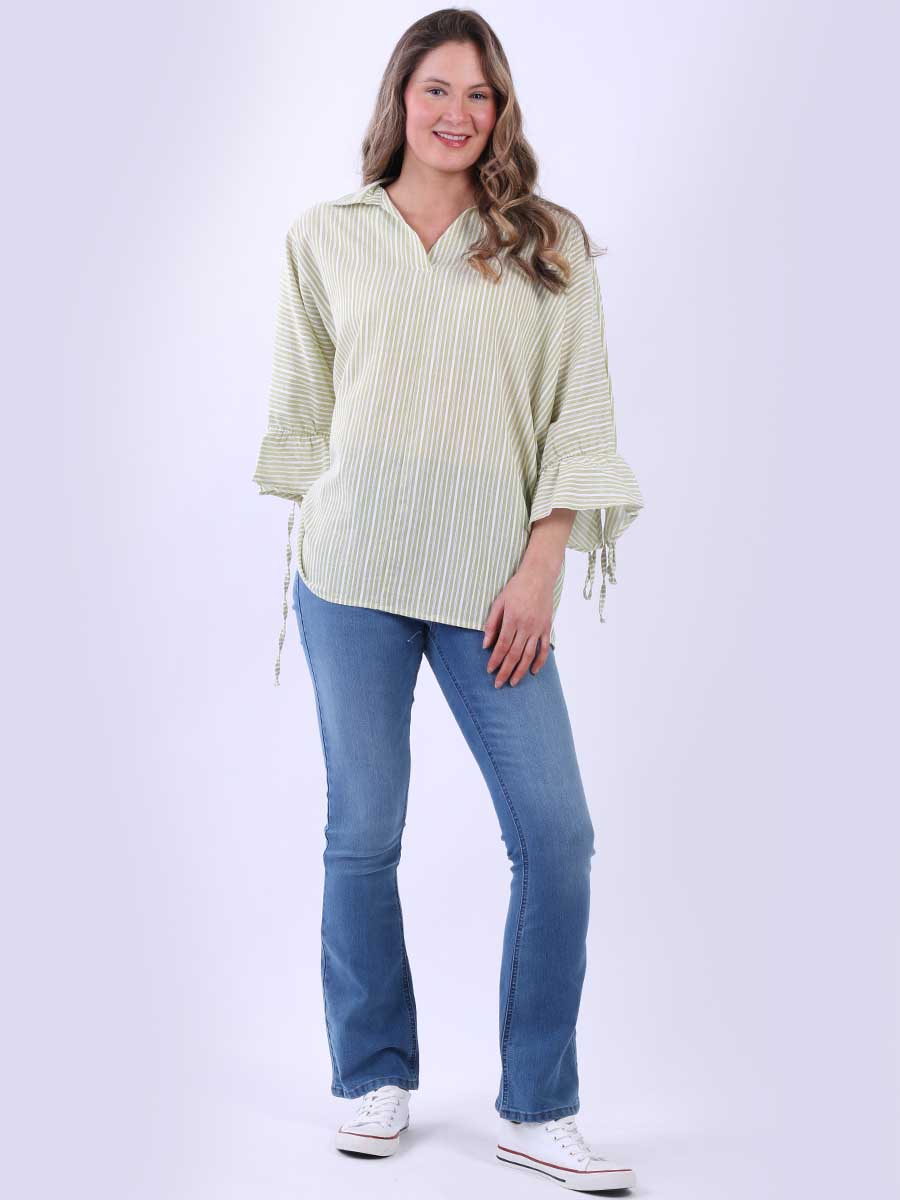 Women Stripy Print Collared Neck Cotton Shirt