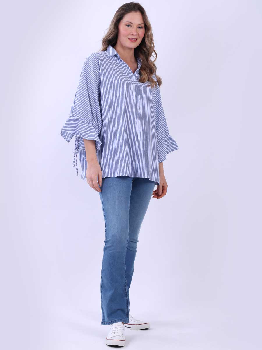 Women Stripy Print Collared Neck Cotton Shirt