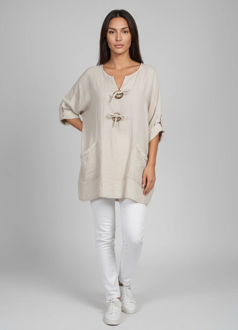 Plain Linen Blouse Beige