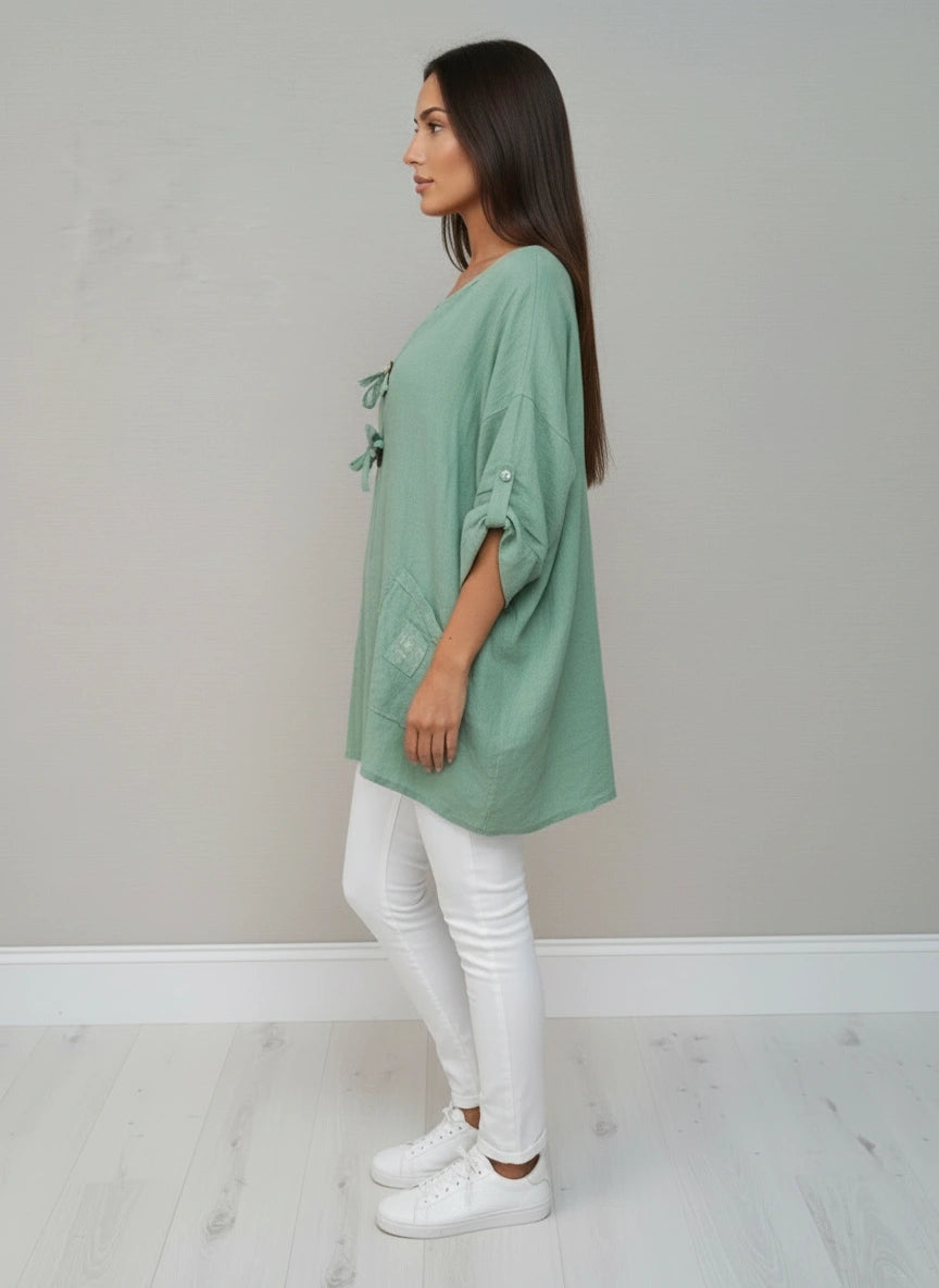 Women Tabbed Sleeves Plain Linen Top
