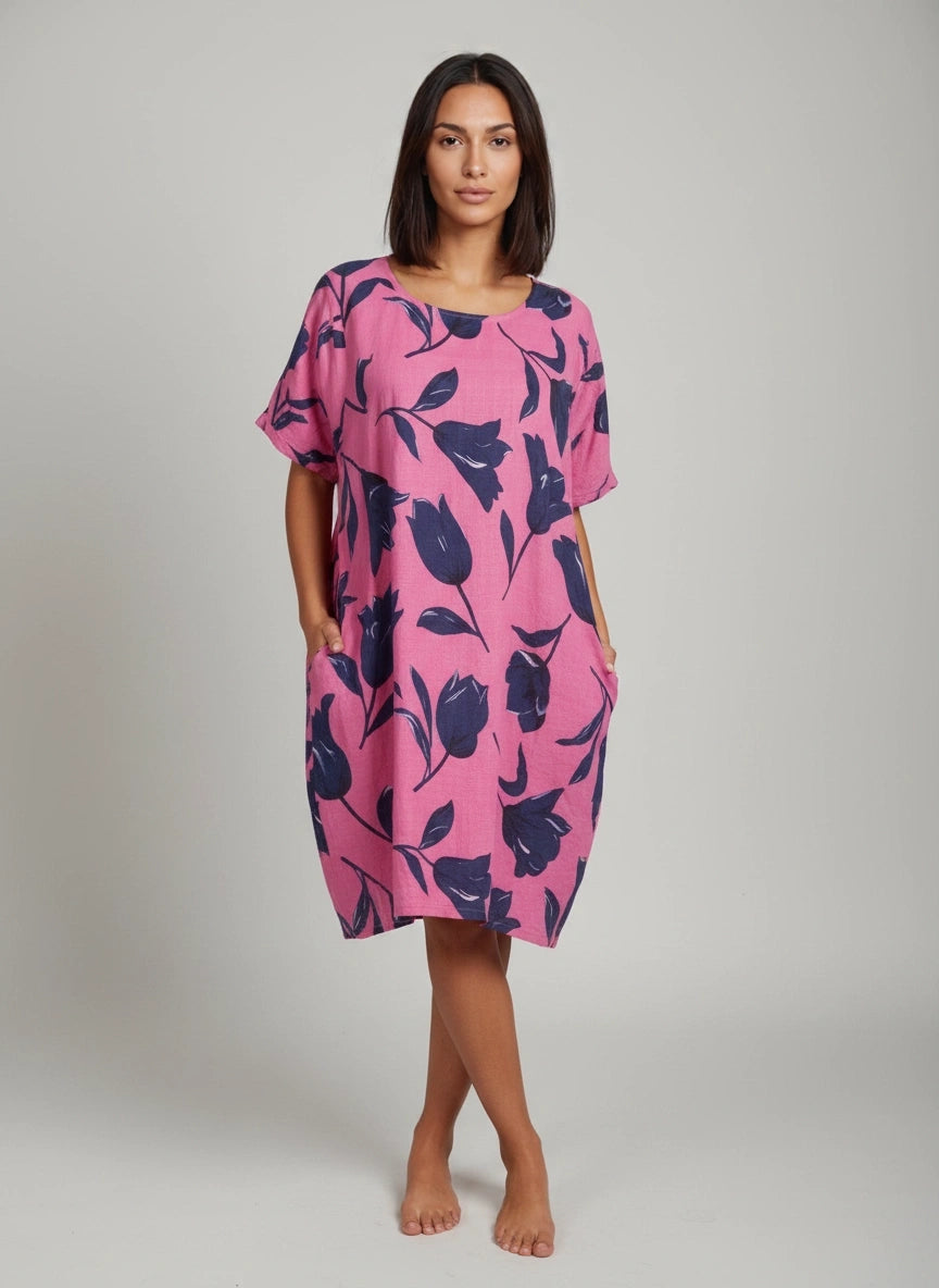 Lagenlook Cotton Dress Fuchsia