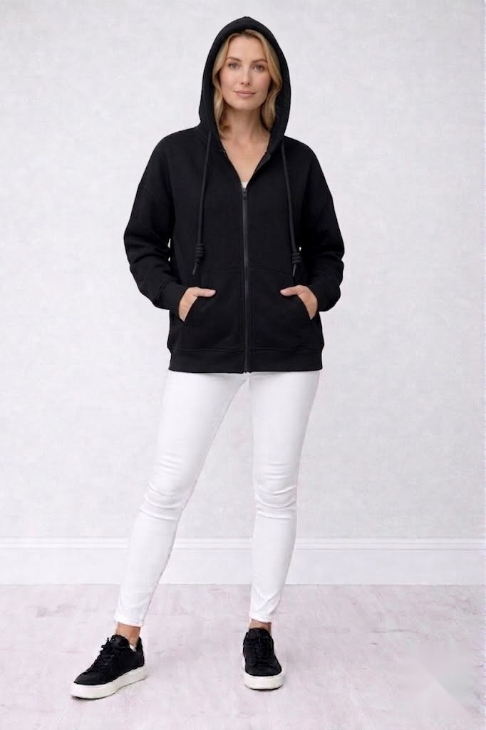 Zip Up Cotton Knit Hoodie Black
