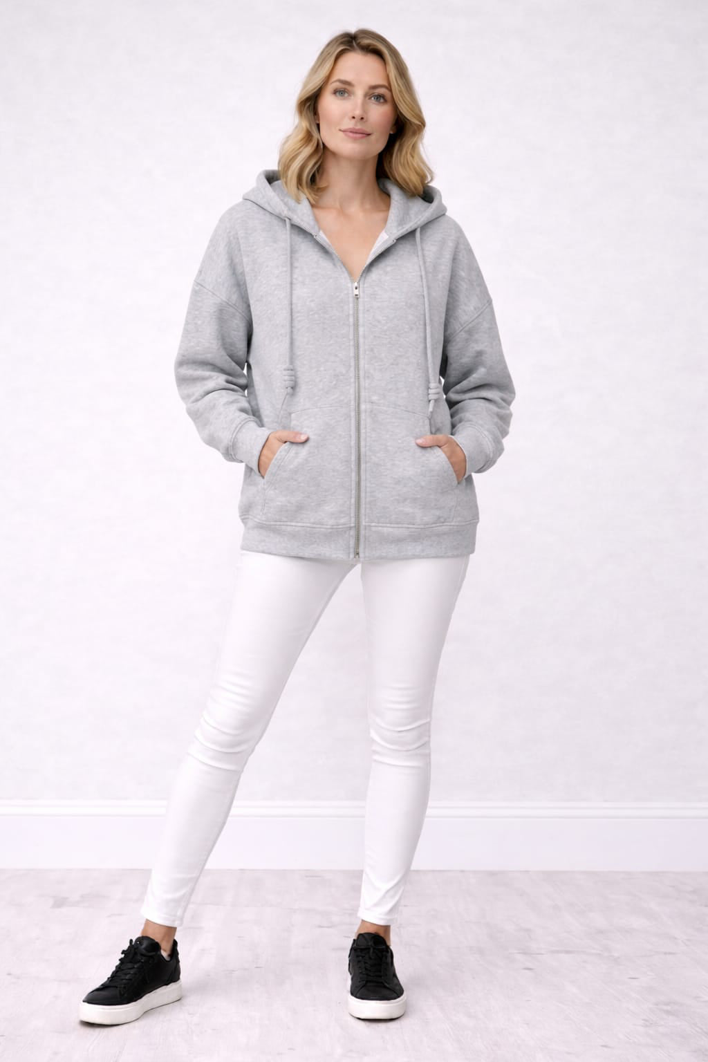 Zip Up Cotton Knit Hoodie Silver