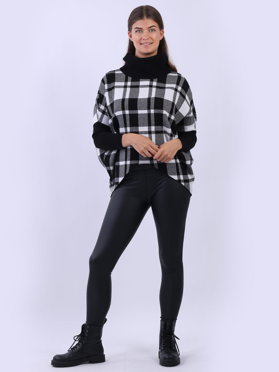 Check Print Cowl Neck Batwing Knitted Jumper