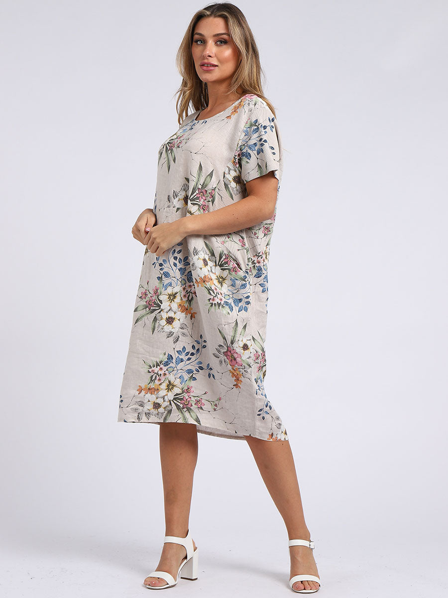 Chic Floral Print Ladies Linen Straight Dress
