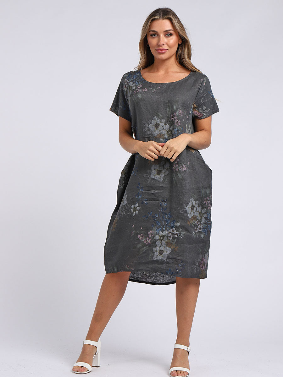 Chic Floral Print Ladies Linen Straight Dress