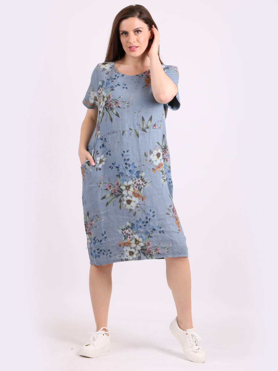 Chic Floral Print Ladies Linen Straight Dress