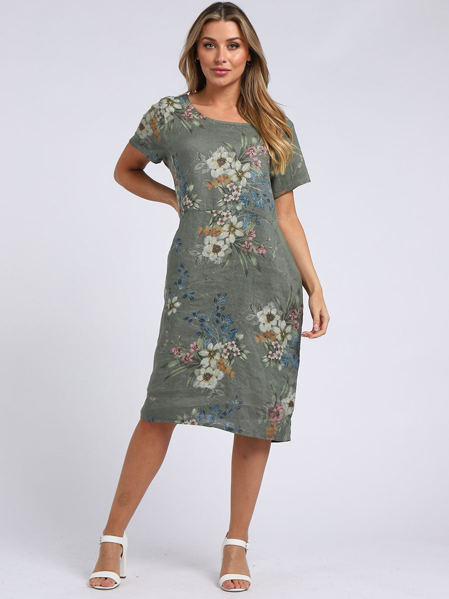 Chic Floral Print Ladies Linen Straight Dress