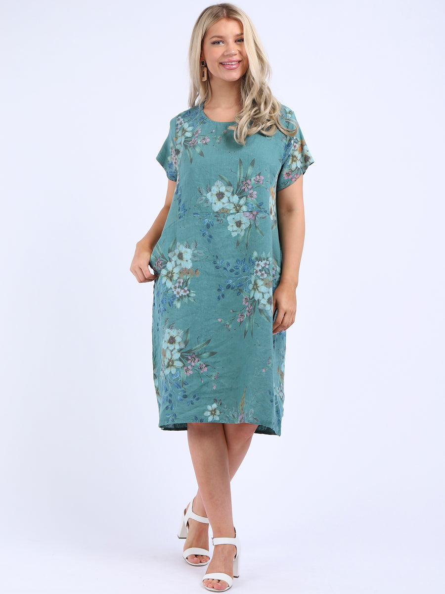 Chic Floral Print Ladies Linen Straight Dress