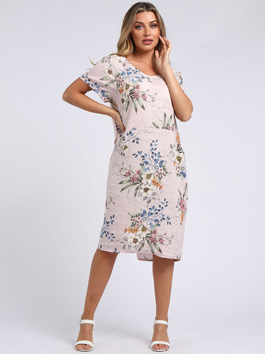 Chic Floral Print Ladies Linen Straight Dress