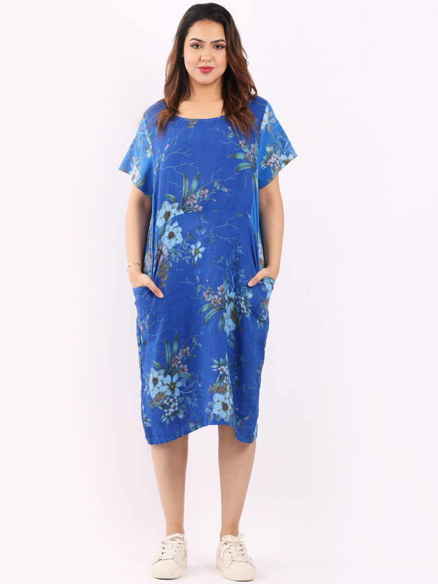 Chic Floral Print Ladies Linen Straight Dress