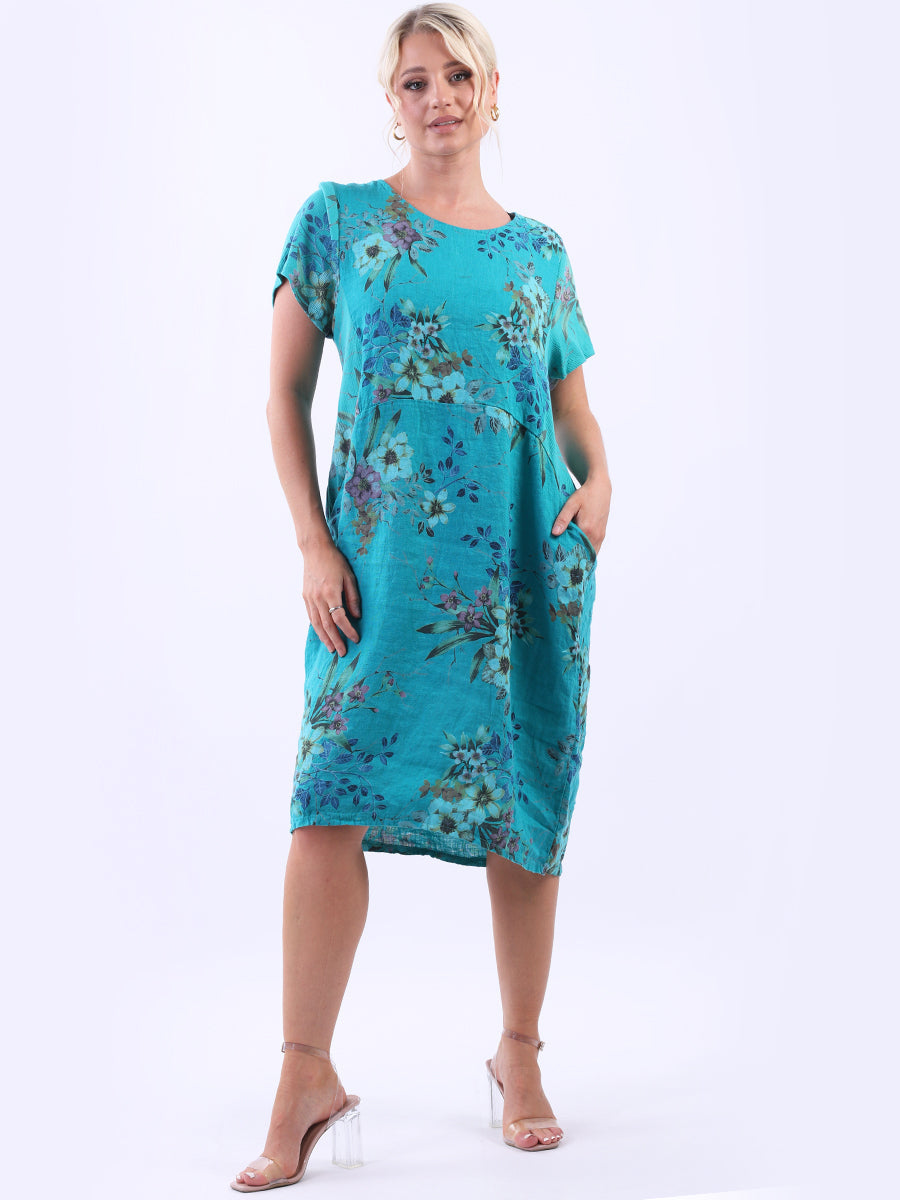 Chic Floral Print Ladies Linen Straight Dress