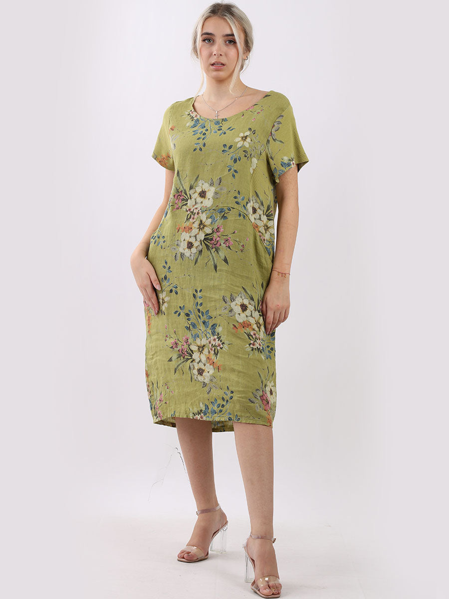 Chic Floral Print Ladies Linen Straight Dress