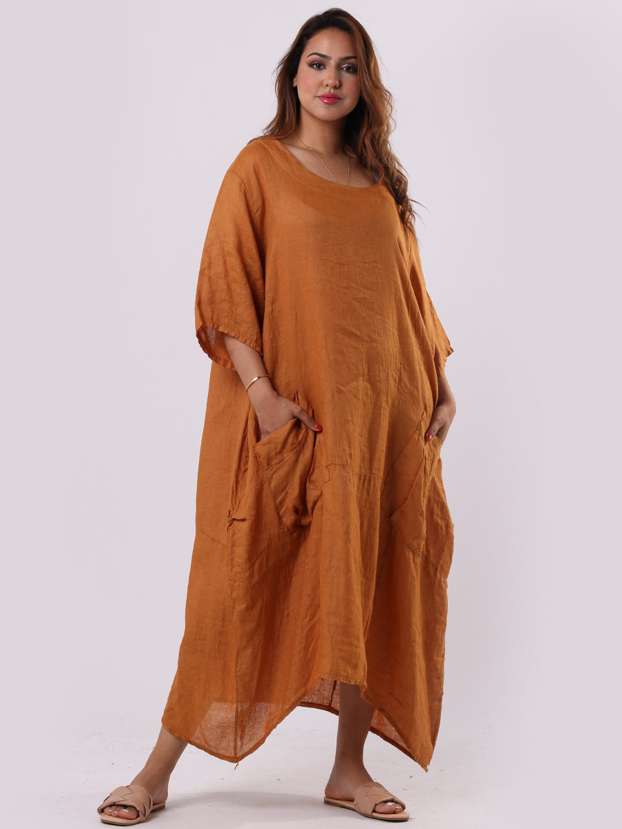 Ladies Front Pockets Plain Linen Dress
