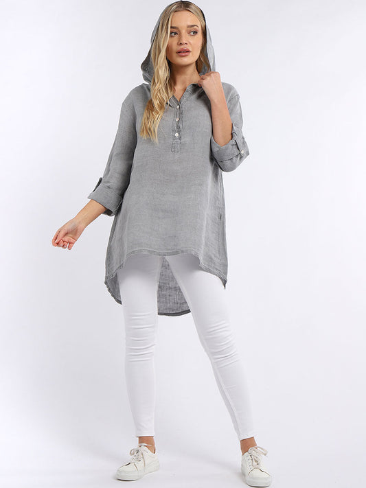 Plain High Low Women Linen Hooded Top