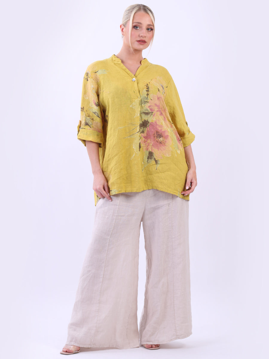 Ladies Floral Linen Baggy Tunic Top