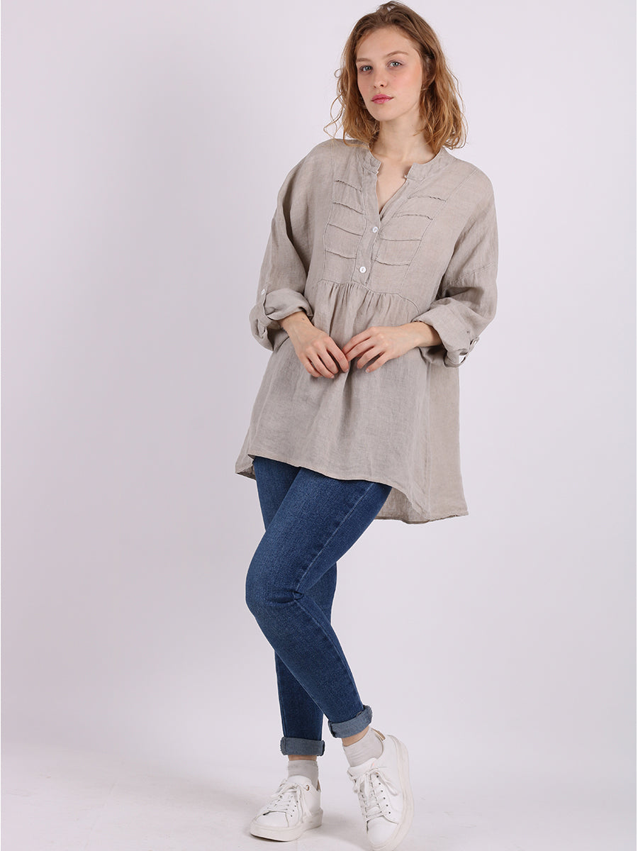 Plain Pleated High Low Ladies Linen Tunic Top