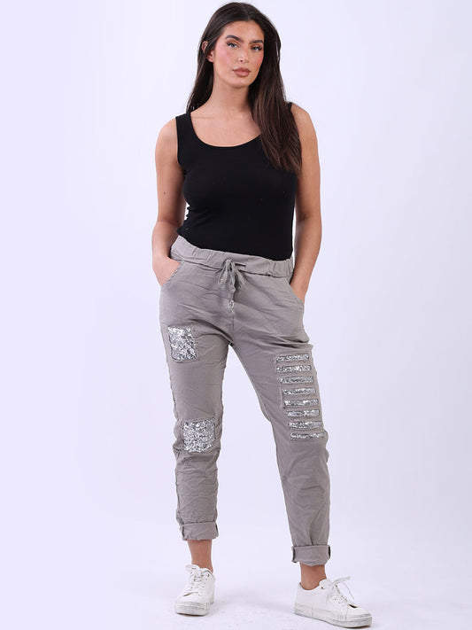 Italian Ladies Plain Sequin Ripped Magic Pant