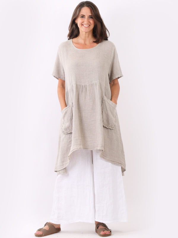 Made In Italy Plain Vintage Washed Linen Lagenlook Swing Midi Dress