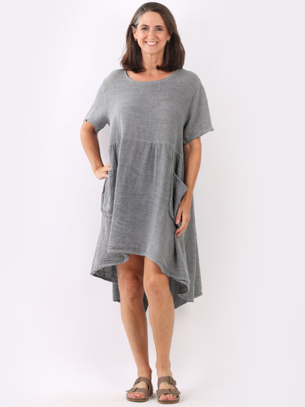 Made In Italy Plain Vintage Washed Linen Lagenlook Swing Midi Dress