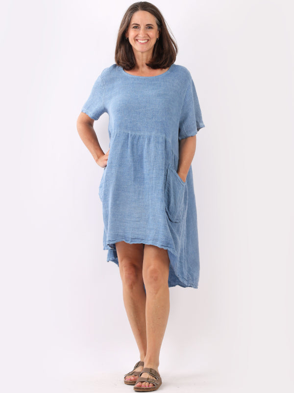 Made In Italy Plain Vintage Washed Linen Lagenlook Swing Midi Dress