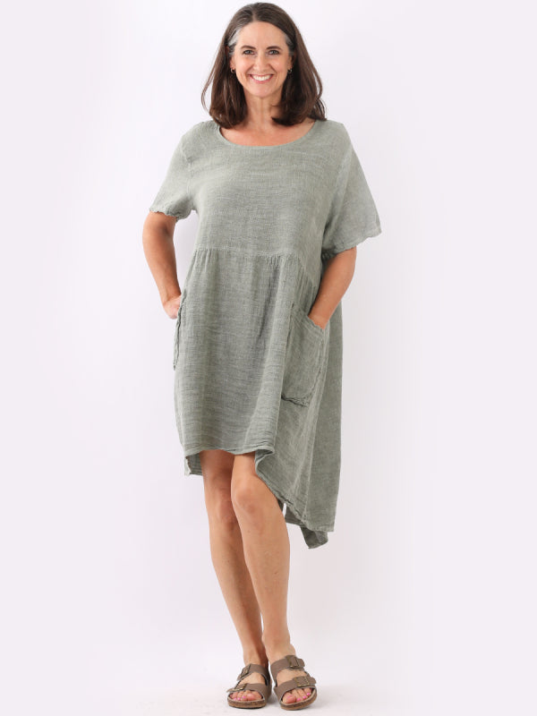 Made In Italy Plain Vintage Washed Linen Lagenlook Swing Midi Dress