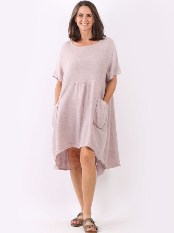 Made In Italy Plain Vintage Washed Linen Lagenlook Swing Midi Dress