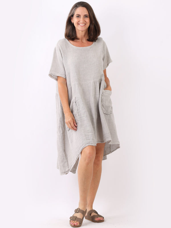 Made In Italy Plain Vintage Washed Linen Lagenlook Swing Midi Dress