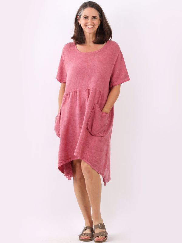Made In Italy Plain Vintage Washed Linen Lagenlook Swing Midi Dress