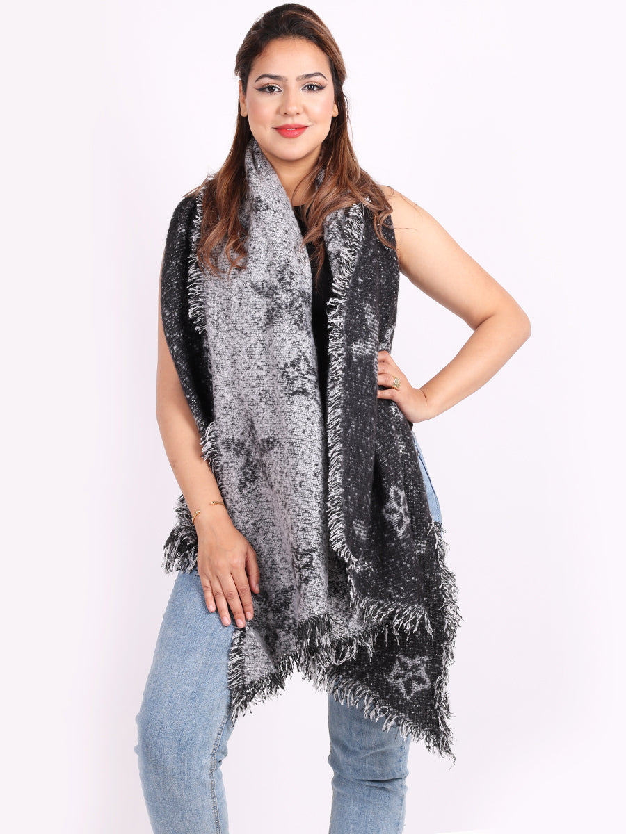 Ladies Flower Motifs And Sequin Star Woolen Scarf