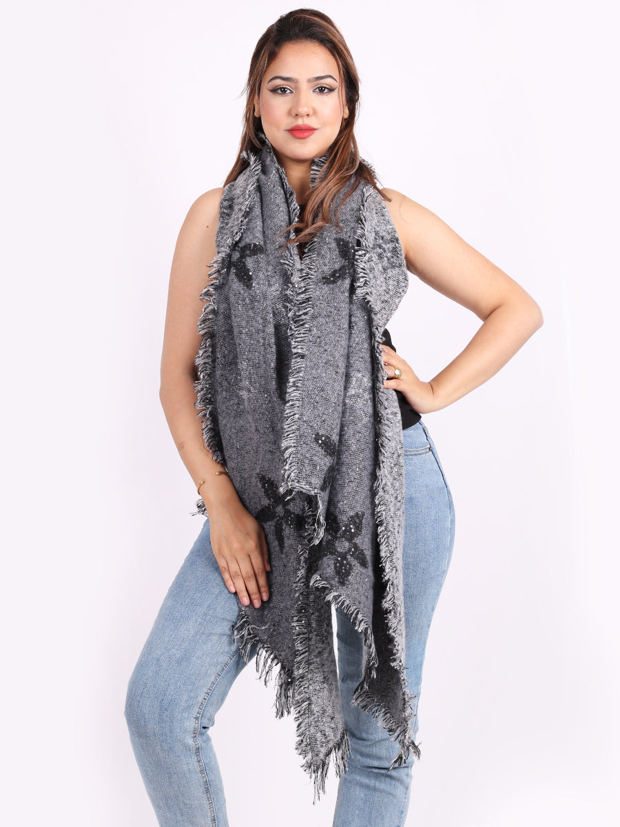 Ladies Flower Motifs And Sequin Star Woolen Scarf