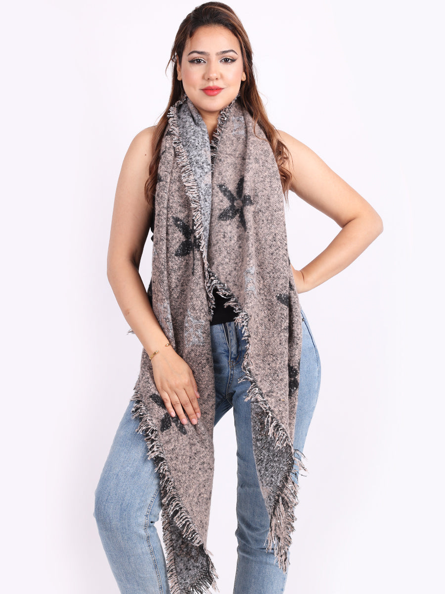 Ladies Flower Motifs And Sequin Star Woolen Scarf