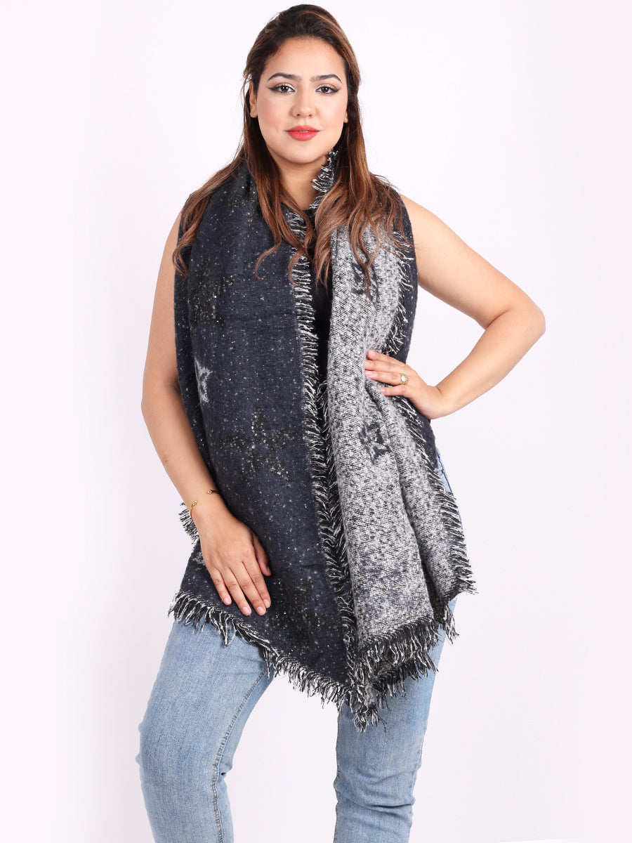 Ladies Flower Motifs And Sequin Star Woolen Scarf