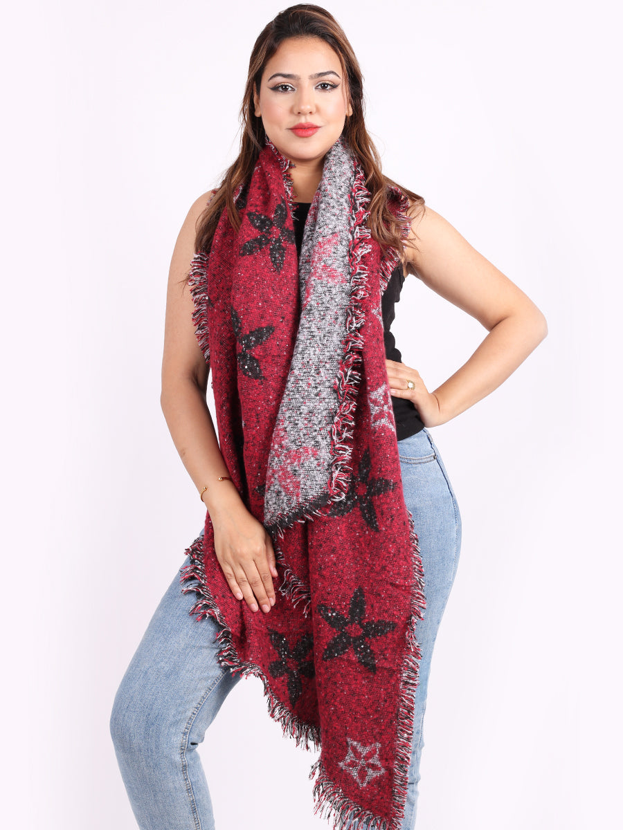 Ladies Flower Motifs And Sequin Star Woolen Scarf